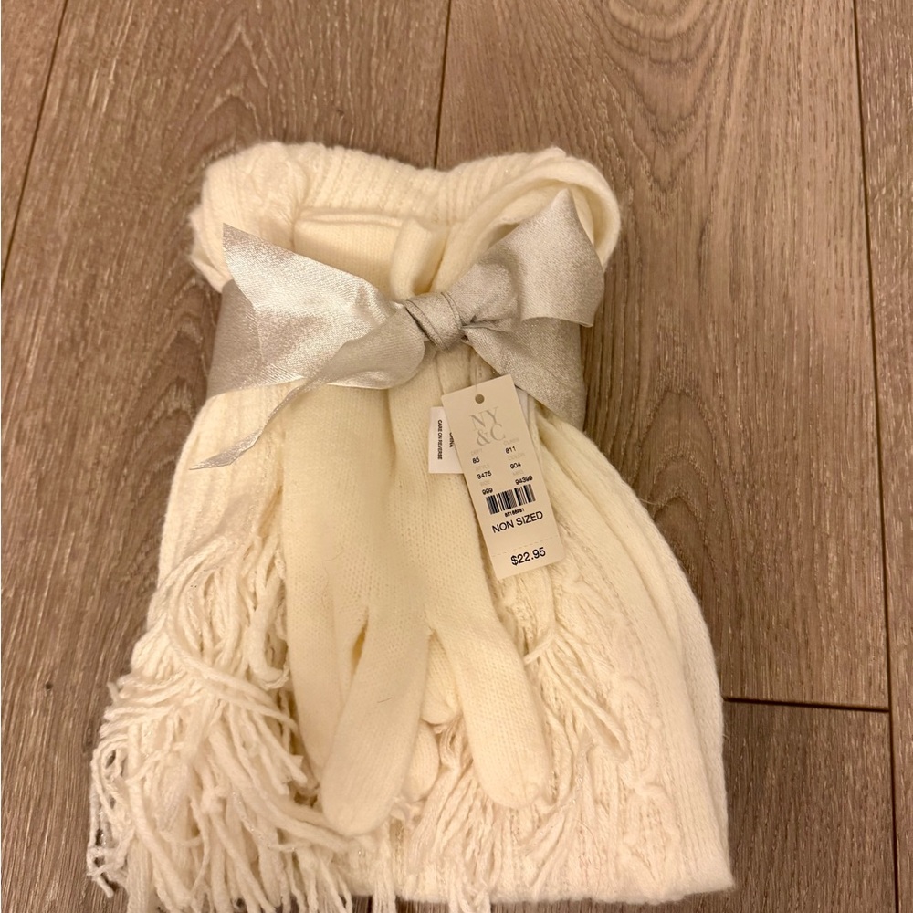 New York & Company Cream Scarf and Glove Set with Silver Bow